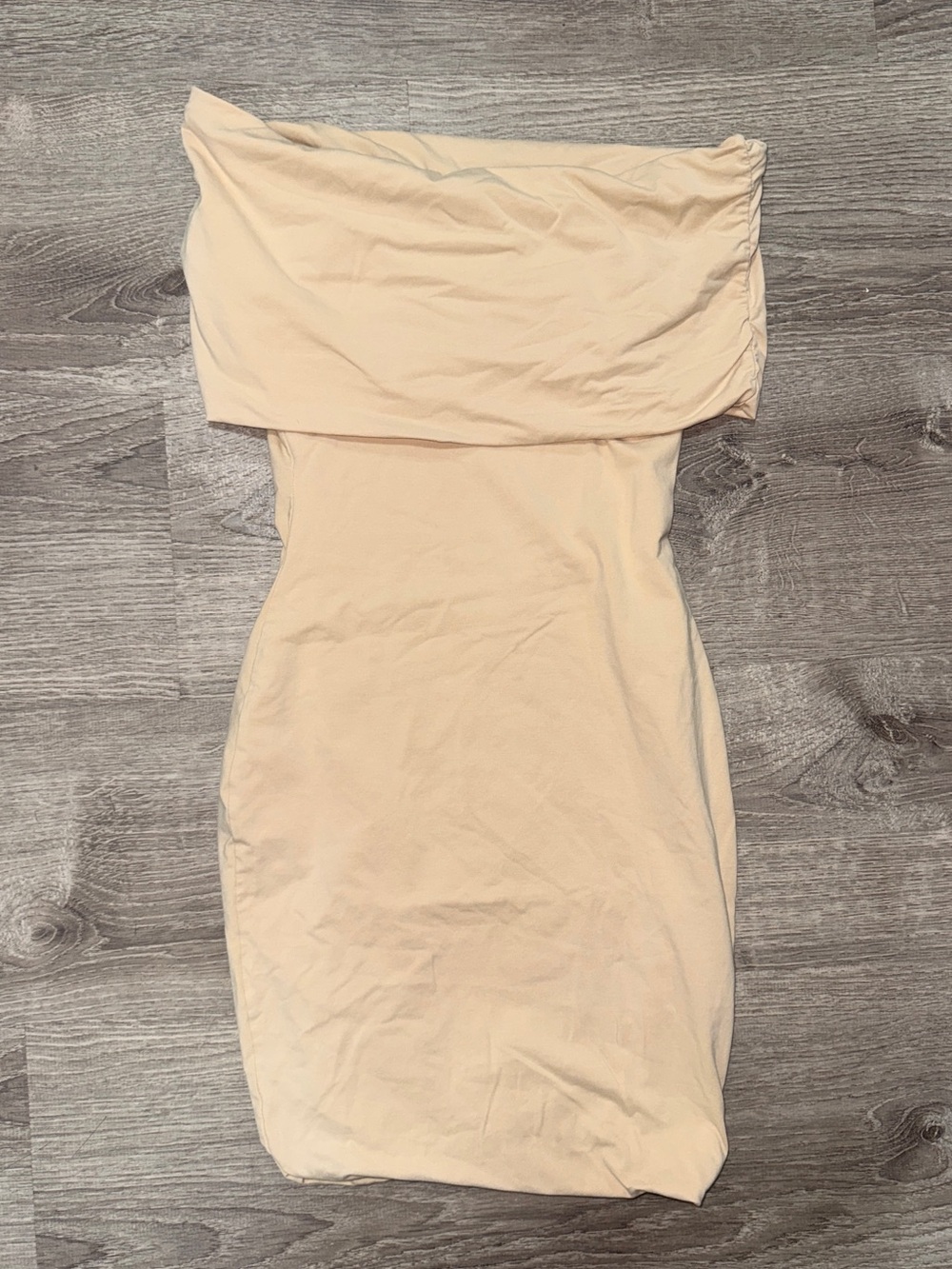 Meshki Strapless Fold-Over Bodycon Dress in Beige